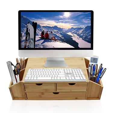 Imagem de wocaxc Organizador de mesa de bambu com gavetas, organizador de mesa de madeira de 2 camadas, mesa de bambu original, suportes de monitor, para escritório, escola, casa, artigos de higiene pessoal.