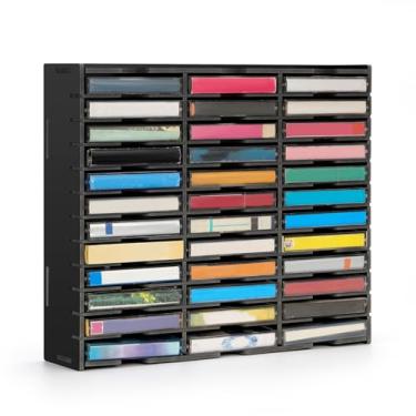 Imagem de Sanfurney Rack de armazenamento de fita cassete com 36 compartimentos, organizador de fitas de áudio de mesa, suporte de cassete de áudio montado na parede