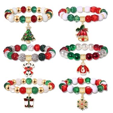Imagem de boderier Conjunto de 6 pulseiras de Natal com contas de floco de neve com pingente de sino, pulseira elástica com contas de fantasia de Natal para mulheres, presentes de festa, One Size, Miçanga, não