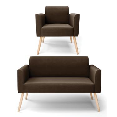 Imagem de Sofá Namoradeira com Poltrona Pés Palito Natural Marisa Suede Marrom D03 - D?Rossi