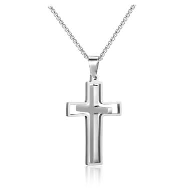 Imagem de BOPREINA Colar com cruz para homens, prata, preto, ouro, aço inoxidável, simples, pingente de cruz giratória, crucifixo inspirador, fé, religioso, para homens e mulheres, Metal, Sem Pedra Preciosa