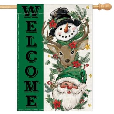 Imagem de OTOSTAR Welcome Christmas Bandeira decorativa de casa 71 x 101 cm dupla face Papai Noel rena boneco de neve bandeira de natal decoração externa de jardim decoração de inverno férias ao ar livre