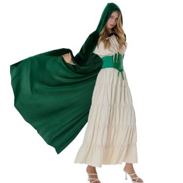 Imagem de Mepase Fantasia renascentista feminina medieval pirata camponesa vestido de veludo com capuz espartilho cinto para Halloween, Verde, M