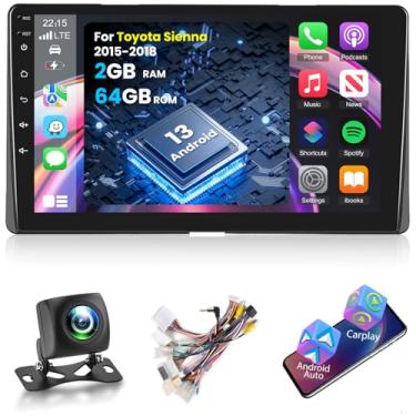 Imagem de Estéreo automotivo Android 2+64G para Toyota Sienna 2014 2015 2016 2017 com Carplay sem fio e Android Auto – Rádio HD Touchscreen de 9 polegadas com EQ GPS WiFi FM/RDS + câmera de visão traseira AHD,