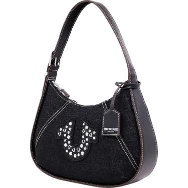 Imagem de True Religion Bolsa Hobo, bolsa de ombro jeans com logotipo Strudded, ferragens prateadas com alça ajustável, fecho de zíper, jeans preto