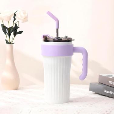 Imagem de Copo Caneca Térmica, cap. 800ml, Com Canudo, Alça e Tampa Inox Para Água Café Suco Cerveja, cor Branco
