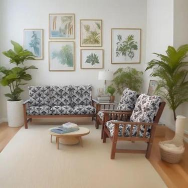 Imagem de Conjunto Cancún Sofá 3 Lugares E Poltronas De Madeira Estofado Estampa