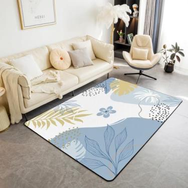 Imagem de Tapete azul claro com flores de folhas fofas para quarto | Tapete redondo pequeno de 7 x 12 cm, lavável, antiderrapante, boho, círculo, crianças, botânico, tapete abstrato, para sala de jogos, sala de