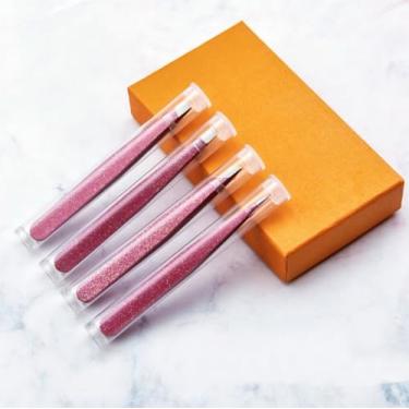 Imagem de Conjunto de pinças deslumbrantes de aço inoxidável rosa flash – 4 pinças modeladoras de sobrancelha (oblíqua, plana, reta, tipos de boca de lâmina) para manutenção precisa das sobrancelhas