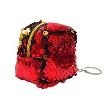 Imagem de Bolsa feminina de lantejoulas com chaveiro, minimochila brilhante, porta-chaves, bolsa quadrada para trocar 7,6 cm, Vermelho