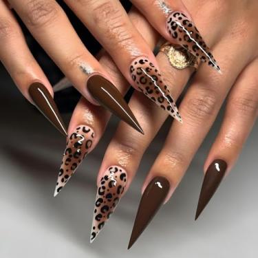 Imagem de Conjunto de unhas postiças longas com cola falsa marrom estileto com design de estampa de leopardo tartaruga cobertura completa bastão falso artificial em unhas de acrílico para mulheres, casamento