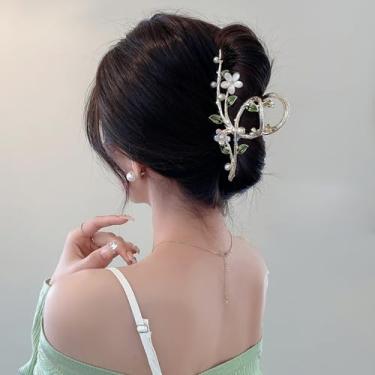 Imagem de Grampo de cabelo floral com pérola falsa e cristal, folha verde olho de gato, grampo de cabelo de flor, acessório de cabelo elegante para mulheres estilo coque updo