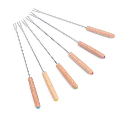 Imagem de 6 garfos de fondue de 24 cm, palitos de fondue de queijo de aço inoxidável com cabo de madeira para frutas, queijo, chocolate, fonte, sobremesa, frutas