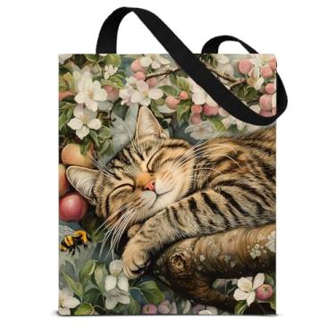 Imagem de Bolsa feminina de lona com estampa dupla face e estampa de gato peculiar, versátil, reutilizável, para compras, trabalho, viagens