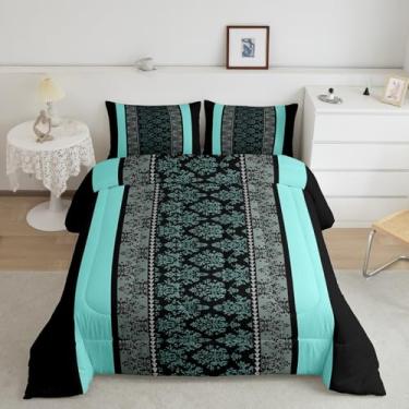 Imagem de jejeloiu Conjunto de cama de jacquard clássico, adulto, tamanho king, damasco, para meninos e meninas, preto, azul-petróleo, listrado, conjunto de edredom barroco, 3 peças