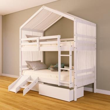 Imagem de Beliche Solteiro Casinha com Gavetas Cortina e Kit Escada/Escorregador Madeira Maciça Branco Megamobilia
