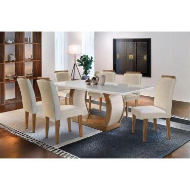 Imagem de Kit Mesa Tampo Vidro 180cm Canto Curvo + 6 Cadeiras Imbuia Creme