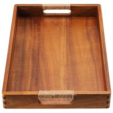 Imagem de Bandeja de madeira de acácia de 40 x 30 cm, bandejas grandes de madeira com alças, bandeja de mesa de café para otomana, charcutaria, festas, comer, lanche, decoração, balcão de cozinha ao ar livre