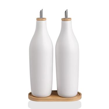 Imagem de Sweejar Garrafas dispensadoras de azeite de oliva de cerâmica fosca com bandeja de bambu, conjunto de dispensador de óleo de 500 ml para balcão de cozinha, galheteiro de óleo opaco para cozinhar, EVOO