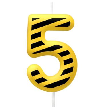 Imagem de Velas de aniversário de construção, 5 velas, topo de bolo listrado amarelo e preto para meninos e meninas, decoração de festa de aniversário de construção
