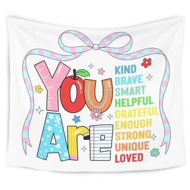 Imagem de WARDOS Tapeçaria Boho Positive Affirmations for Kids, You Are Kind Inspirational Tapestry Wall Hanging, Coquette Bow Trendy Motivational Wall Blanket Decor for Kids Room Nursery Classroom, 127 x 152