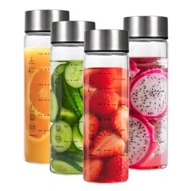 Imagem de Lucidora 4 garrafas de vidro de 473 ml com tampas, garrafas de água de vidro de boca larga com marcações de medição, garrafa de borossilicato reutilizável para sucos, vitaminas, tampas de aço