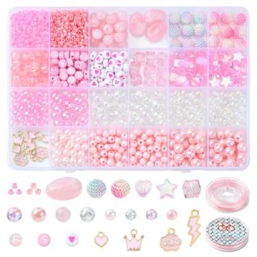 Imagem de MakemadeDIY 960 peças de contas de plástico acrílico rosa para fazer joias, kit de fabricação de pulseiras de cristal com contas de sementes e pingentes de formas mistas para colares, brincos