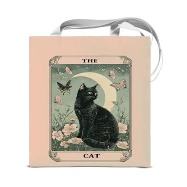 Imagem de KSFFWQIN Bolsa feminina com cartão de tarô de gato, floral, borboleta, lua, bruxa, reutilizável, para compras, trabalho, viagem, estética, presentes