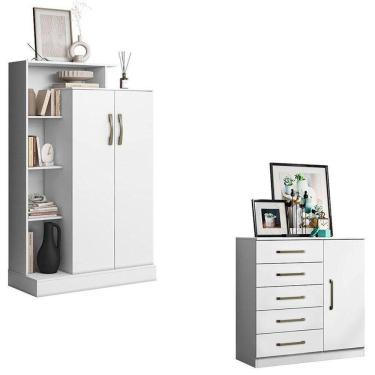 Imagem de Cômoda Sapateira Milão 2014145 E Armário Multiuso Florença 2000199 Branco Brilho - Aramóveis