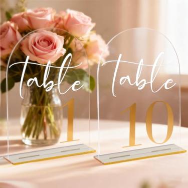Imagem de Números de mesa de casamento de acrílico em arco com fonte e suportes dourados - placas de número de mesa de acrílico transparente de 12 x 18 cm para recepção de casamento, aniversário, evento e
