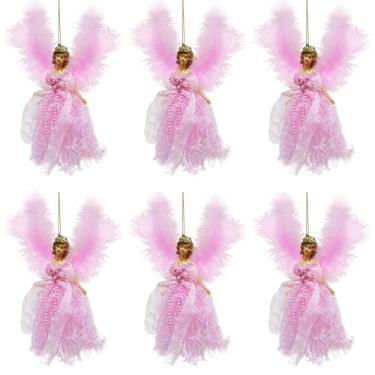 Imagem de Pacote com 6 enfeites de anjo de Natal com asas de penas brancas, cabelo dourado, bonecas penduradas de pelúcia para decoração de árvore de Natal