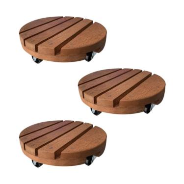 Imagem de Kit 03 Carrinho Suporte Para Vaso 20cm 25cm 30cm Redondo Madeira Tratada Cedro - Suporte Redondo, Ideal para Mover Plantas na Varanda, Jardim e Decoração Interna(20cm)