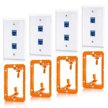 Imagem de ANONION Pacote com 4 tomadas de parede Ethernet, conector Keystone RJ45 de 2 portas com suporte de montagem de baixa tensão, placa de parede Ethernet Cat6 acoplador azul fêmea para fêmea capa de cabo