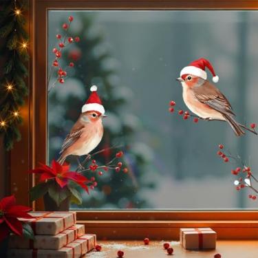Imagem de Adesivos de janela de pássaro de Natal para janela de galho de árvore de inverno adesivos fofos de janela de pardal com chapéu de Natal, animais de Natal, adesivos estáticos para decoração de festas