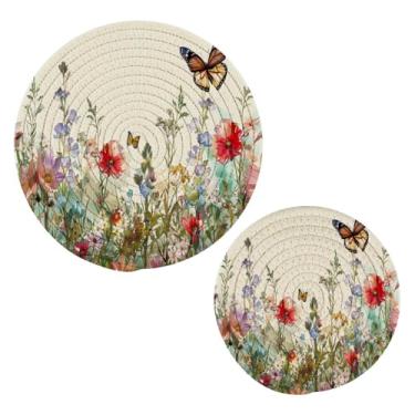 Imagem de Blueangle 2 peças de porta-panelas coloridas de ervas e flores - conjunto de pegadores de panela de tecido redondo - almofadas quentes trançadas de algodão - porta-copos - tapetes de mesa para