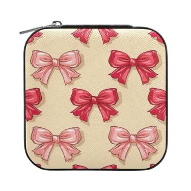 Imagem de SEHANY Caixa de joias personalizada com laço rosa para mulheres, meninas, mini estojo de joias de couro PU, organizador de joias de viagem, caixa de joias para brincos, anéis, colares, presentes para