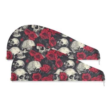 Imagem de SEHANY Toalha de cabelo de microfibra rosa e caveira para mulheres, 2 peças, turbantes de cabelo de secagem rápida com botão, touca de cabelo seco absorvente toalha de secagem de cabelo para cabelos