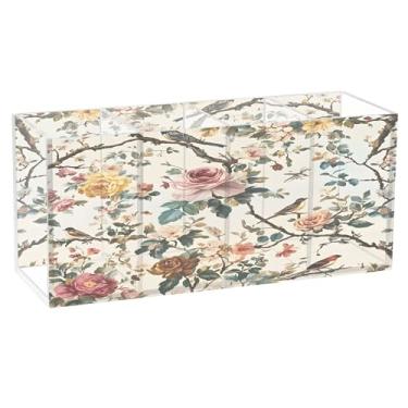 Imagem de SEHANY Lindo porta-canetas de acrílico com flores em aquarela, pássaro, 4 compartimentos, porta-lápis transparente, organizador de pincéis de maquiagem, organizador de papelaria para escritório, casa