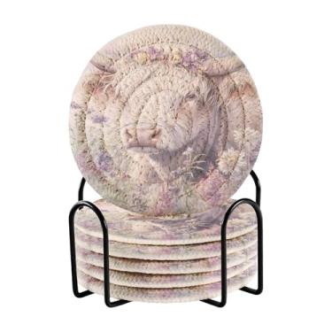 Imagem de GUIJI Porta-copos absorventes de vaca Highland com guirlanda de flores, porta-copos para bebidas com suporte de metal conjunto de porta-copos moderno redondo para decoração de café, sala de casa, bar