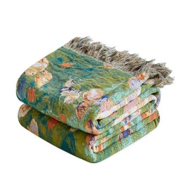 Imagem de Wzvzss Cobertor Boho – Cobertores 100% algodão para sofá de cama, 152,4 cm x 203,2 cm, musselina macia leve para outono, aconchegante estampa de plantas florais Bohemain decoração de cama colcha verde