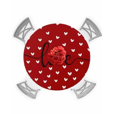 Imagem de Toalha de mesa redonda para o Dia dos Namorados com elástico e coração de amor, capa de mesa romântica vermelha e preta para cozinha, festa romântica, decoração de dia dos namorados, impermeável