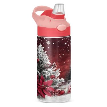 Imagem de YETTASBIN Garrafa de água de árvore de Natal para crianças, 340 g, à prova de vazamento, parede dupla, isolada, copo de viagem com tampa de canudo para meninas, meninos e crianças