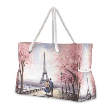 Imagem de Wassud Bolsa de praia Romatic Torre Eiffel grande bolsa de praia para mulheres, à prova d'água, à prova de areia, bolsa de viagem com zíper e bolso para piscina, academia, acampamento
