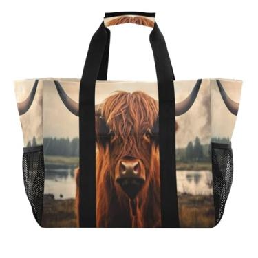 Imagem de Wassud Highland Brown Cow Sacos de mercearia reutilizáveis grande bolsa de lona impermeável organizador para praia, piquenique, lavanderia, viagem