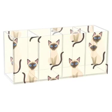 Imagem de Burbuja Porta-canetas de acrílico Siamese Cats com 4 compartimentos, suporte de lápis transparente para pincéis de maquiagem fixos, acessórios de mesa de escritório em casa