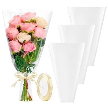 Imagem de Mauproy Pacote com 100 sacos de flores transparentes para buquês, mangas de buquê floral de celofane com bordas retas e fitas para floristas, casamento, dia dos namorados (45 x 30 cm)