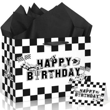 Imagem de Woosytoo Sacos de lembrancinha de festa de carro de corrida de papel Snow Pear, sacos de presente de aniversário com tema xadrez preto e branco com envelopes de cartão comemorativo para crianças e