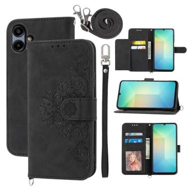 Imagem de Dswteny Capa carteira para Samsung Galaxy A06/A07 com alça de pulso, alça de ombro transversal, capa de celular flip de couro em relevo para AO6 5G/AO7 4G A 06 07 LTE mulheres meninas preta