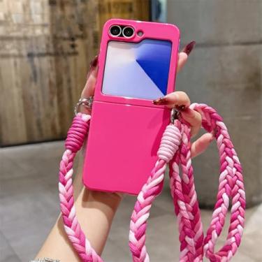 Imagem de Capa de celular colorida com cordão longo para Samsung Z Flip 7 6 5 4 3, alça transversal, proteção para câmera, capa rígida de policarbonato (para Galaxy Z Flip 4/Vermelho Rosado)