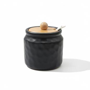 Imagem de Porta Condimentos Cerâmica Stoneware Preto Colher Bambu - Ricca Housew